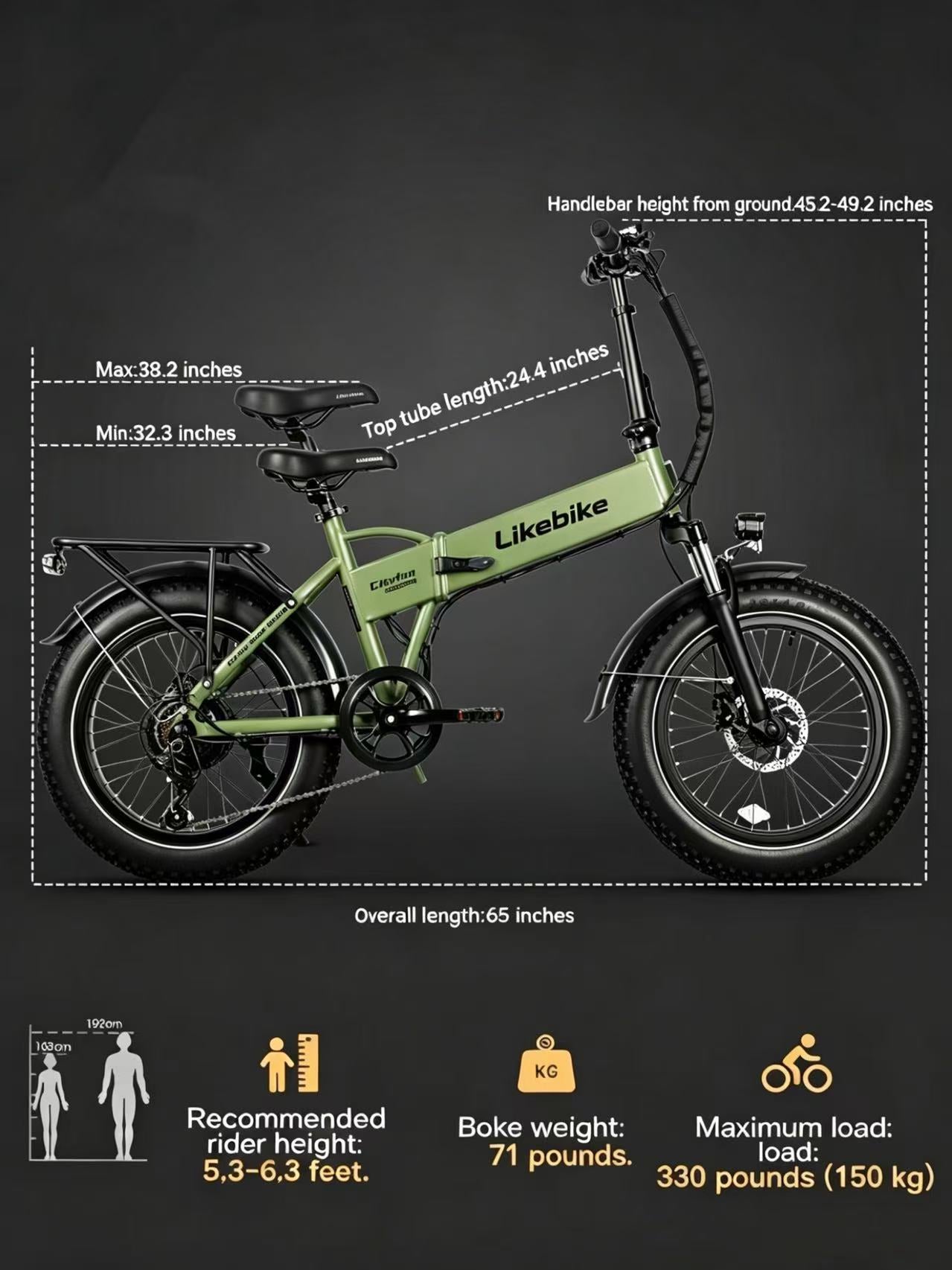 Likebike Cityfun Bicicleta Elétrica Dobrável com Pneus Grandes, Potência de Pico 1500W, Bicicleta Elétrica Portátil para Todo Terreno