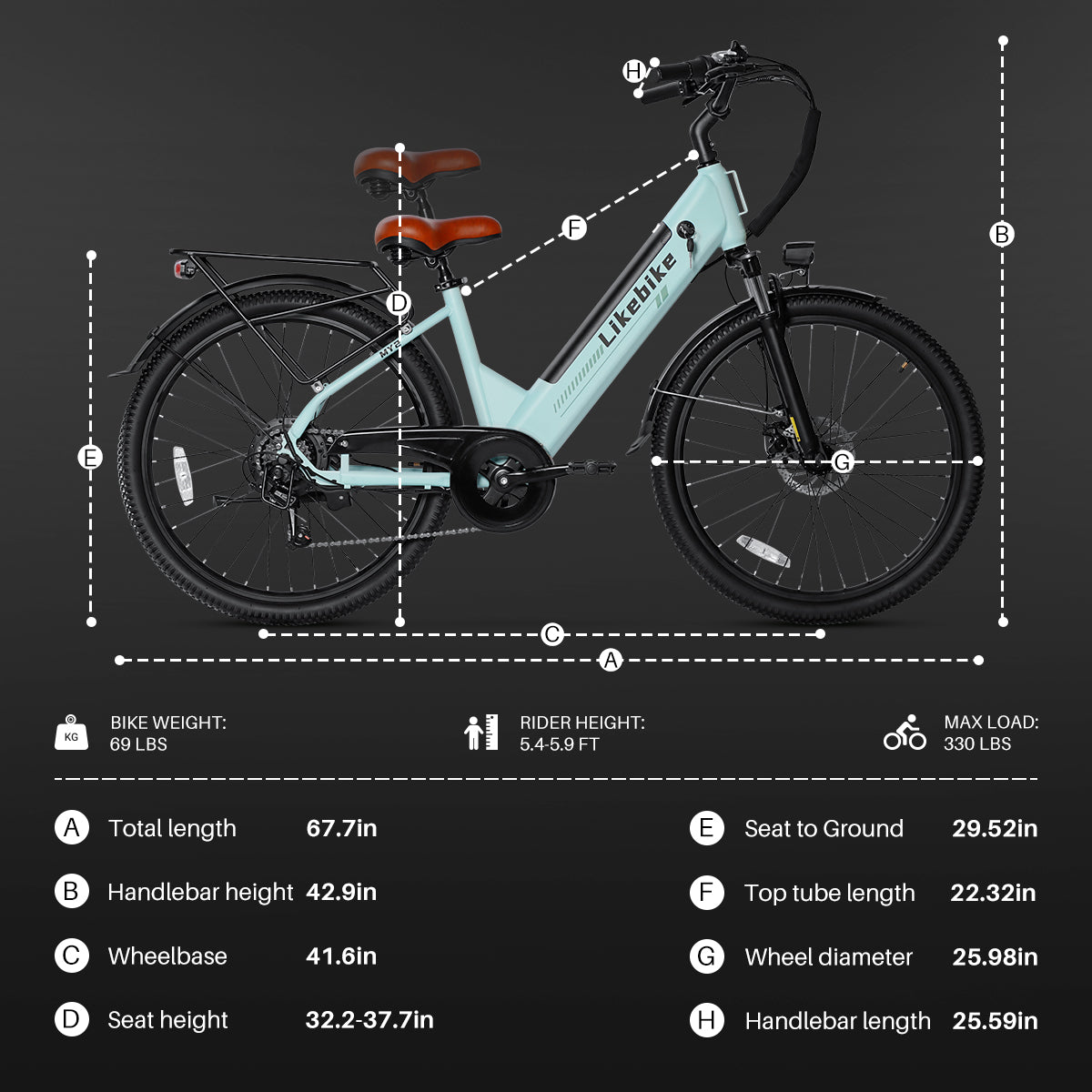 Bicicleta Elétrica Likebike MY2 Modelo Passante 26 Polegadas para Adultos, E-bike de Deslocamento Diário Certificada UL 2849