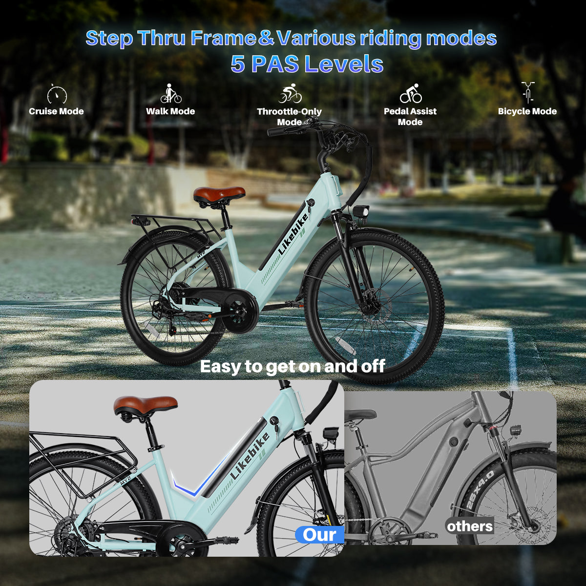 Bicicleta Elétrica Likebike MY2 Modelo Passante 26 Polegadas para Adultos, E-bike de Deslocamento Diário Certificada UL 2849