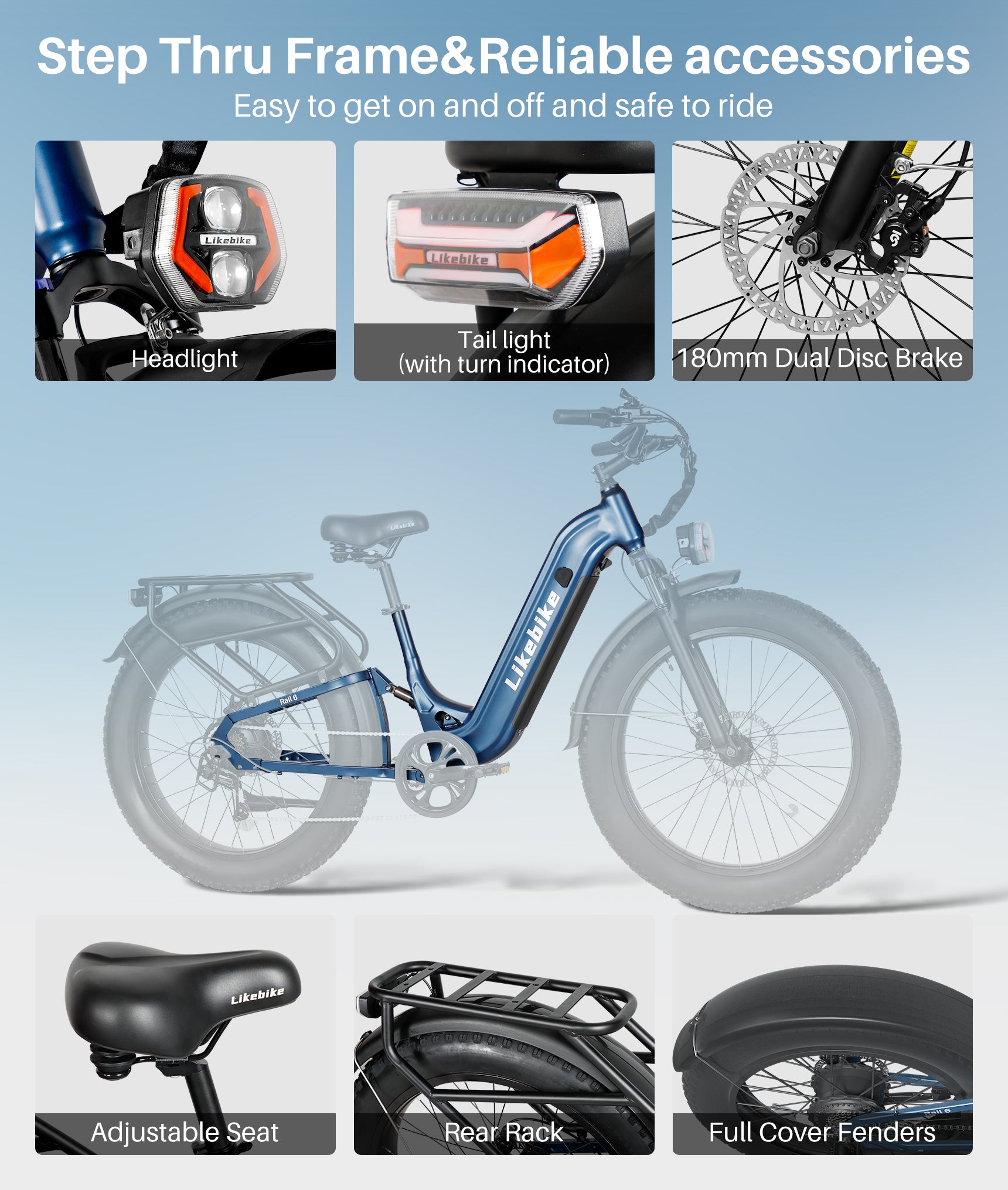 Bicicleta Elétrica Commuter Rail 6 da Likebike, Potência de Pico 2000W, Bateria 48V 20Ah